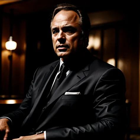 Der Pate aka Marlon Brando, black suit, gun in hand, shoots, serious facial expression, mafia keller