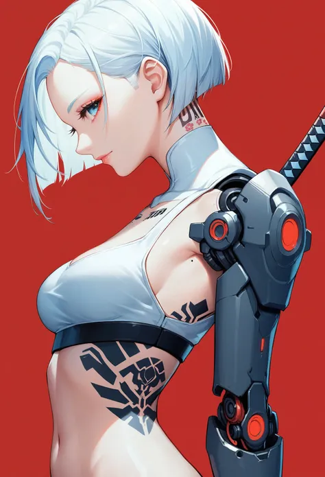 1 girl, alone, looking at the viewer, simple background, blue eyes, closed mouth, short white hair, wearing a crop top, mechanical arms, floral tattoos, katana on the back, intricate tattoos, Cyberpunk style, side view, Red background, elegant metallic bod...