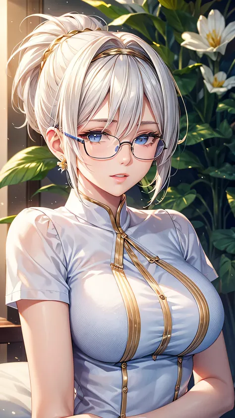 Young girl, Short White hair, ponytail hair, Blue eyes, upper body,4k resolution, high quality cg, beautiful cg, soft light, Shcool uniform , Gold Head band, Flower hair, Earring, Glasses