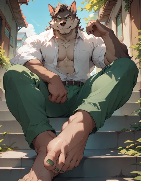 big, furry, muscular male, wolf, mature man, green eyes, sitting on stairs, barefoot, dirty feet, green pants, open shirt, no shoes, crossed legs, sole visible, foot focus, low angle view