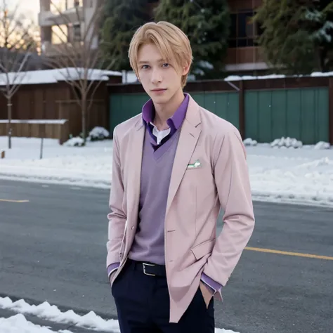 Tamakisuoh (Ouran highschool host club) a pale blonde hair, violet eyes, tall, slender figure, handsome wearing a checkered polo in a winter outdoor