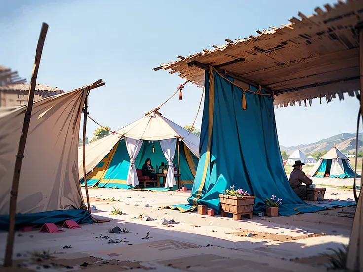 Focus on the desert settlement of Suntolu, a bustling nomadic enclave dominated by a dense array of traditional, native-style tents. These shelters, constructed from simple, weathered fabrics and animal hides, are arranged closely together, creating a vibr...