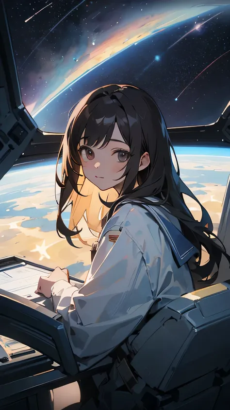 ((best quality)), ((masterpiece)), (detailed), 1girl, Almond Eye,From inside the spacecraft,
Stars floating in the night sky,Dream of crossing the galactic sea,The view from the spaceship window, Inviting you to infinity and beyond