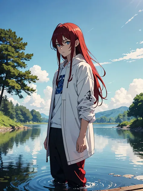 Older. Male. Fire. Long hair. Older. Boy. Male. Blue eyes. Red hair. Runen magier. Runes. More anime style. Fire. 2d. flatter. anime style. White clothing. soft. More anime. Standing in a lake. More anime. More 2d. Clean. More anime. 2d. Glow. Red hair. Mo...