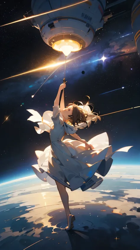 ((best quality)), ((masterpiece)), (detailed), 1girl, Almond Eye,From inside the spacecraft,
Enveloped in starlight, My heart is free to fly, Space Journey、Endlessly, Like dancing in a dream, *Under the starlight, we soar high*,*Endless journey through the...