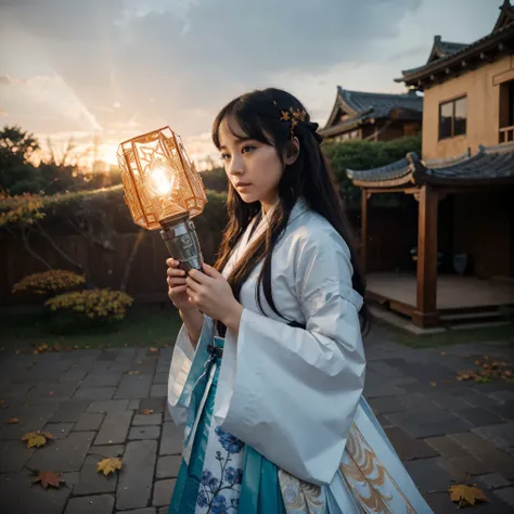 official art, unity 8k wallPaper, ultra detailed, beautiful and aesthetically pleasing, masterpiece, Best quality, (fire, water, tape, Paper cutting), (fractal art:1.3) 1 girl,Building, (One:1.5), China_cloth, sky, outdoors, wide_sleeves, black_hair, sunse...