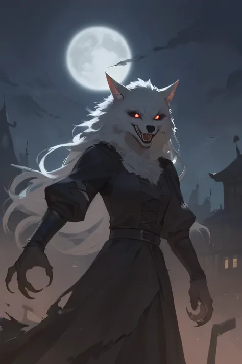 
score_9, score_8_up, score_7_up, score_6_up, score_5_up, score_4_up,source_anime, source_furry,rating_safe,solo,1girl((werewolf:1.3),white fur, beautiful,(evil:1.3) smile,wearing fur,mad,fang,stalking viewer,((ripped clothes))) , at medieval English town ...