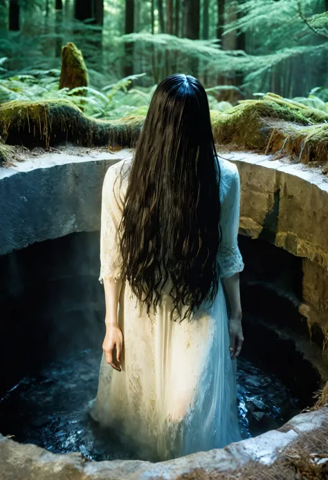 horror movie sadako the woman of the ring, , hair covering the face,(coming out of the well), front view,half body out of the we...