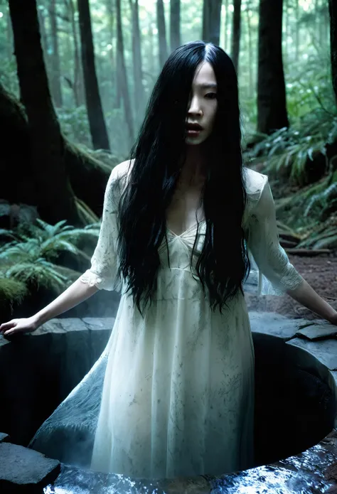 Horror movie sadako the woman of the ring, , hair covering the face,(coming out of the well), front view,half body out of the well,sexy body,dark forest illuminated only by the light of the well,crawling on the ground, curves through the dress, transparent...