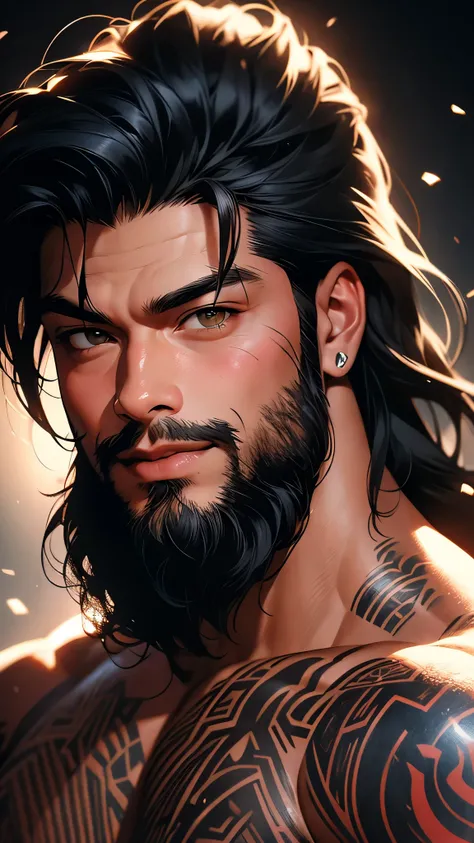 envision a 8k, highres, cinematic, detailed, semi realistic close up portrait of Roman Reigns, Muscular Body, slender face, Tattoos, sleek long black hair, brown eyes, full beard, wide confident smile, shirtless, (((1boy))), in dark lighting, against a dar...