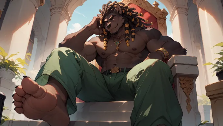big, furry, muscular male, black wolf, dreadlocks hair, mature man, sitting on throne, barefoot, green pants, topless, foot focus, foot fetish, feet are against the camera, low angle view