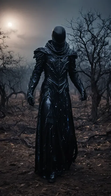 A chilling, cinematic portrait of the *Eclipse Wraith*, a terrifying figure cloaked entirely in dark, shimmering armor that appears to be made of liquid shadow. Its face is concealed behind a smooth, full mask of reflective black glass, with no facial feat...