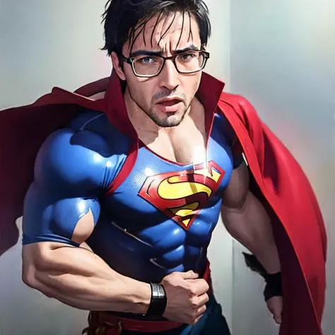 A bespectacled man with short dark hair, dressed as Superman, finds himself in a brutal fight. His face is covered in sweat and blood stains. His eyes are wide open in a mix of surprise and fury as he fights an invisible enemy, with wounds on his arms and ...