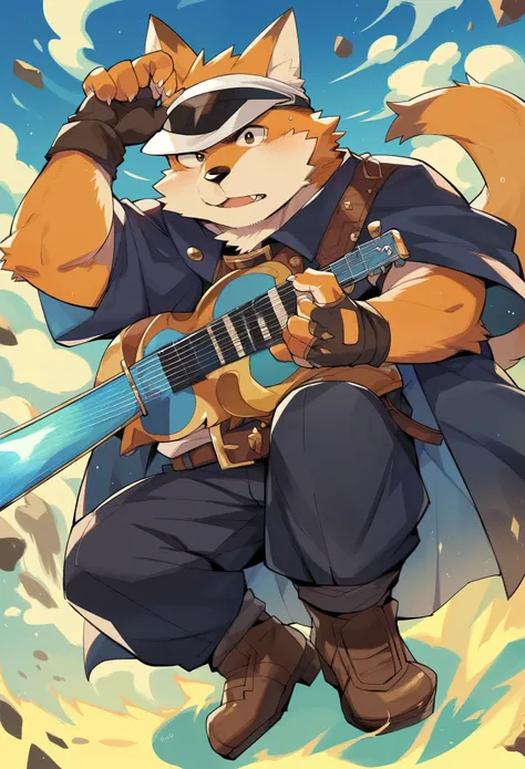 rating_safe, score_9, score_8_up, score_7_up, score_6_up, score_5_up, score_4_up, source_furry, highres, cover page, Rock Band Concerts, Musical instrument performance, Stage Performance, hot air, absurdres(kemono, 1boy, furry anthro)dramatic, epic, One sc...