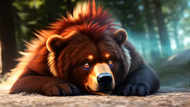 ((solo)), (photo realistic:1.3), dynamic (((full body))) a strong ((male anthro furry bear ranger ))red beard, red mohawk (((genuine, proud, detailed face, detailed clear eyes and pupils, detailed hair, (fluffy))), (magical vibe), hair, tuft ), insane deta...