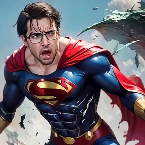 A man with glasses, dressed as Superman, is in the middle of a violent fight. His expression reflects surprise and despair., with wide open eyes. Blood runs down his face and hands as he faces an enemy in a scene filled with destruction., His torn suit and...