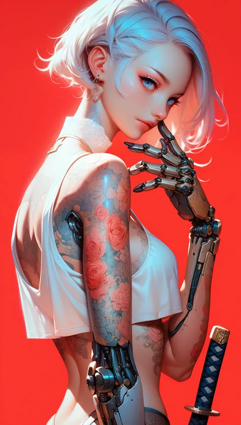 (Score_9, Score_8_up, Score_7_up), zPDXL, 1 girl, alone, Looking at the viewer, simple background, blue eyes, closed mouth, short white hair, wearing a crop top, mechanical arms, floral tattoos, katana on the back, intricate tattoos, Cyberpunk style, side ...