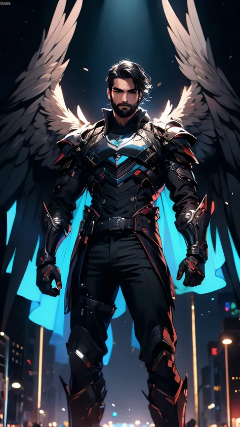 envision a 8k, highres, cinematic, detailed, semi realistic full body pinup of Seth Rollins, slender muscular body, slender face, long black hair, blue eyes, full beard, wide confident smile, hawk armor, hawk wings, armor vest, (((1boy))), in dark lighting...