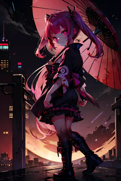 A petite girl with a Western look and beautiful features.　Pink blister々And shining eyes　Smiling thinly　Rear view　Holding a red umbrella　Pink hair in twin tails　Black yukata with black frills　The whole body is covered in blood　Dark brown boots　The backgroun...