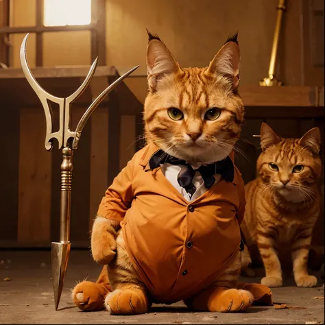 Create an image of a menacing epic cat with a touch of fiction holding a trident in an anime or cartoon version with a suit similar to Puss in Boots, a little aggressive but at the same time tender, announcing victory with an epic background. 
