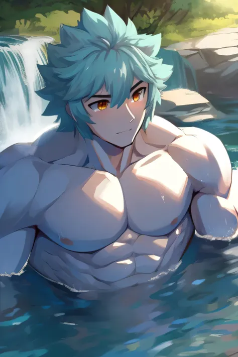 (human) a teen shirou emiya, taking a bath in a river in a forest, waterfalls, short haircut, red hair, amber eyes, dark skin tr...