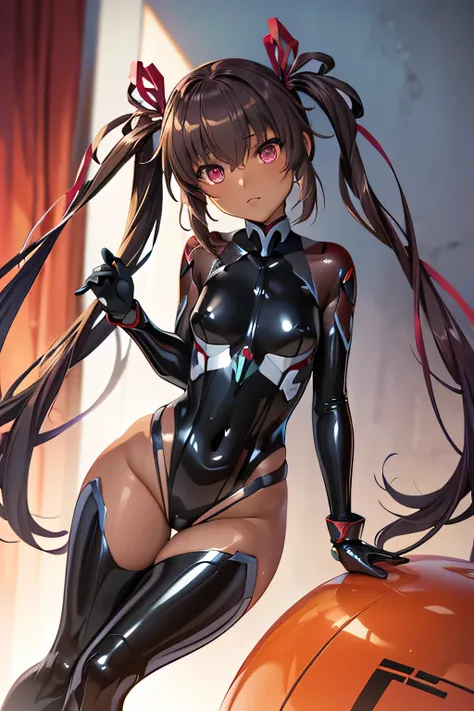 Perfect Anatomy　Best Quality,Highest Resolution,(((Twin tails　Red and black high leg latex outfit　Taimanin Suit)))　Taimanin Yukikaze　((Mizuki Yukikaze))