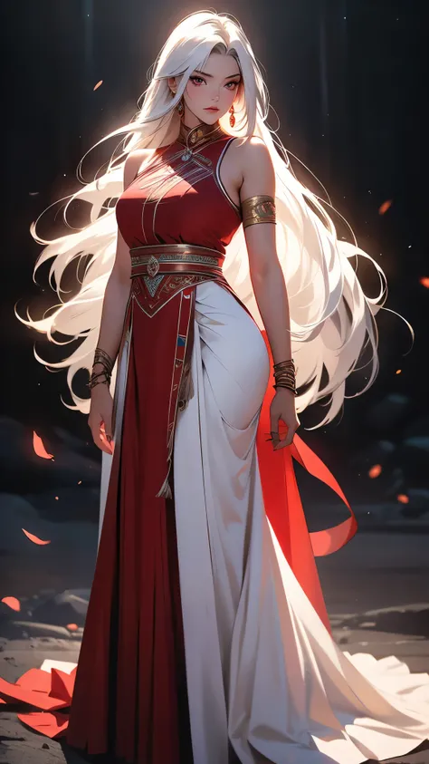 envision a 8k, highres, cinematic, beautiful full body pinup of a lady with a muscular body, strong face, strong mature older face, (((white hair))), multicolored, side locks, long bangs, red eyes, native dress, warrior dress, long skirt, bare foot, ((((1g...