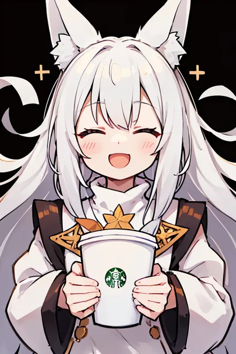 1 girl, white long hair, cute girl, joyful closed eyes expression, girl has closed eyes, smiling happyily with mouth open, wearing a tight turtleneck, long fox ears, fox girl, holding a starbucks coffee, simple background, simple white background, very lon...