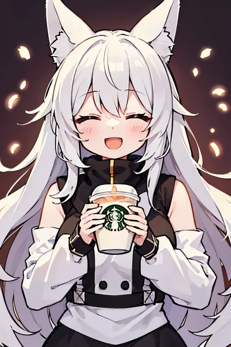 1 girl, white long hair, cute girl, joyful closed eyes expression, girl has closed eyes, smiling happyily with mouth open, wearing a tight turtleneck, long fox ears, fox girl, holding a starbucks coffee, simple background, simple white background, very lon...