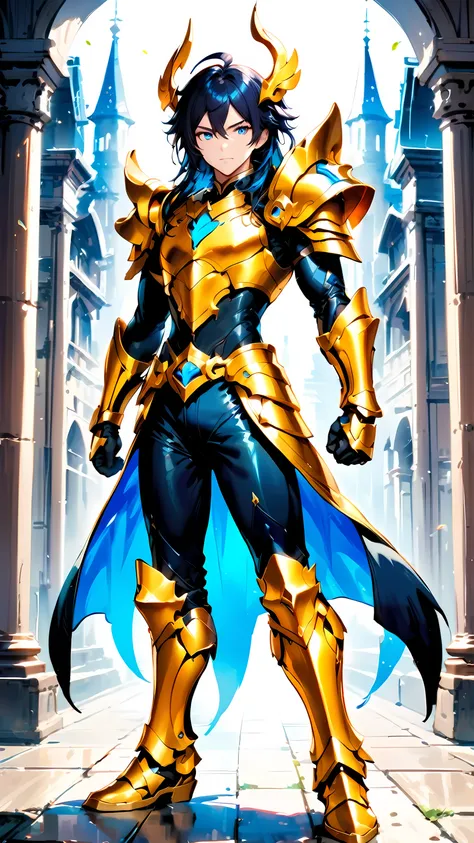 Masterpiece, Best Quality, Extra Detail, 1boy, ahoge, armor, armored boots, bangs, belt, black hair, blue eyes, blue hair, black bodysuit, bodysuit, boots, breastplate, cape, clenched hands, closed mouth, full body, gauntlets, gloves, gold armor, greaves, ...