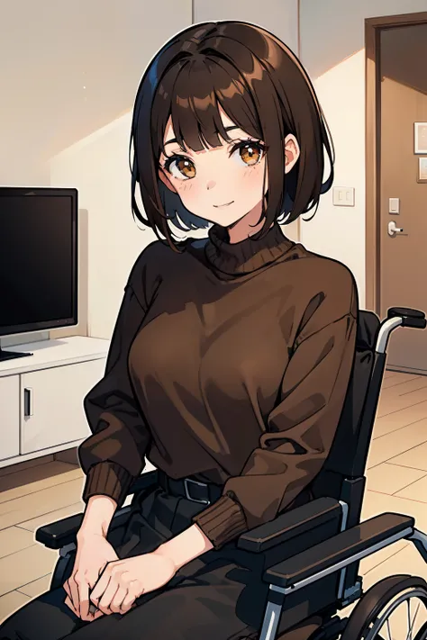 1girl, slim build, brown hair, blunt bangs, black hair, short hair, hazel eyes, smiling, adorable, ((sitting on a wheelchair), brown sweater, Modern, (((contemporary))), close up, living room,