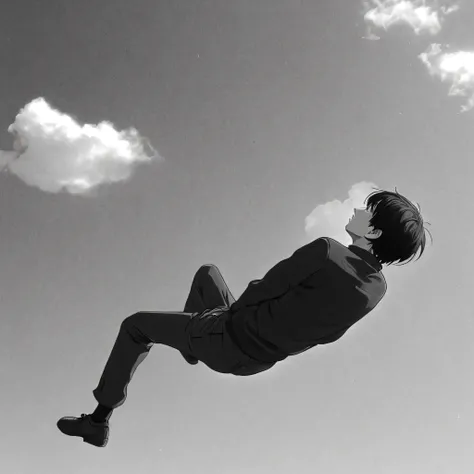 1man, falling in sky, (anime), bizarre scenario, This is Junji, Yusuke Murata, black and white, 8K, anime, horror