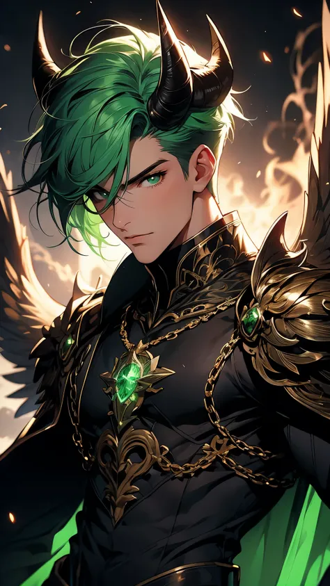 envision a 8k, highres, cinematic, detailed, close up portrait of a fallen angel man, muscular body, slender face, sleek green hair, green eyes, wide confident smile, white armor, intricate armor, devine, heavenly, angel wings, seraphim, chains, horns, spi...