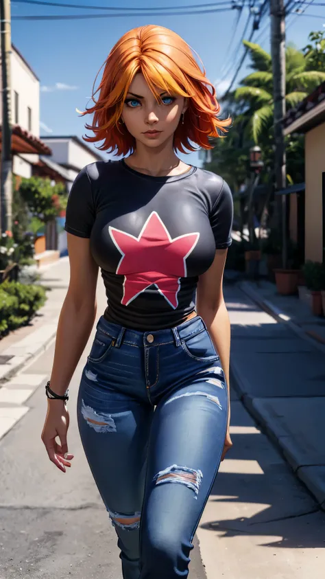 joanna dark, short hair, red hair, blonde hair, blue eyes, (((jeans, t shirt, tight clothes))), (((tanned skin))), ((fit body)), photorealistic, masterpiece, realistic, realism, photorealism, high contrast, photorealistic, 8k HD high definition detailed re...