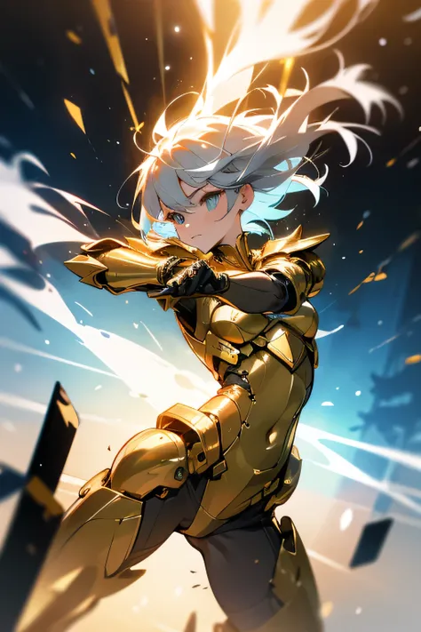 GIRL WHITE SHORT HAIR, GOLDEN ARMOUR, TECH. MECH, queen, fighting