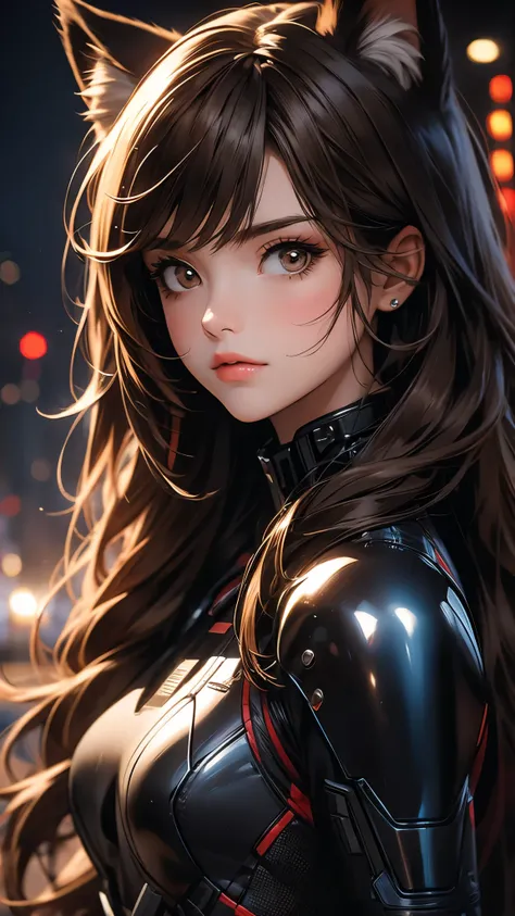 envision a 8k, highres, cinematic, beautiful close up portrait of a lady with a muscular body, strong face, strong mature older face, (((brown hair))), multicolored, side locks, long bangs, brown eyes, animal ears, brown cat ears, brown cat tail, cyber sui...