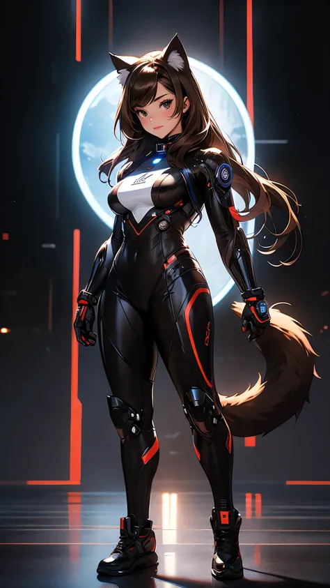 envision a 8k, highres, cinematic, beautiful full body pinup of a lady with a muscular body, strong face, strong mature older face, (((brown hair))), multicolored, side locks, long bangs, brown eyes, animal ears, brown cat ears, brown cat tail, cyber suit,...