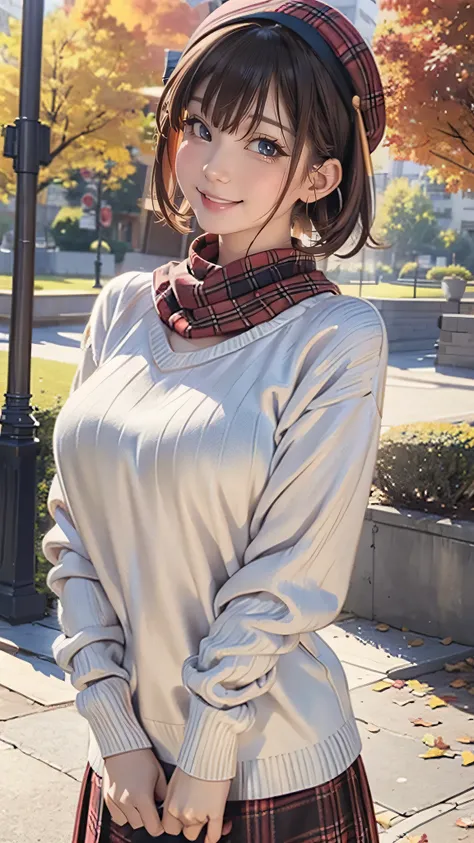 1lady standing, mature female, /(ribbed sweater/) /(red plaid skirt/) beret necklace, /(brown hair/) bangs, blush kind smile, (masterpiece best quality:1.2) delicate illustration ultra-detailed, large breasts, arms down BREAK /(pubric park outdoors/) brick...