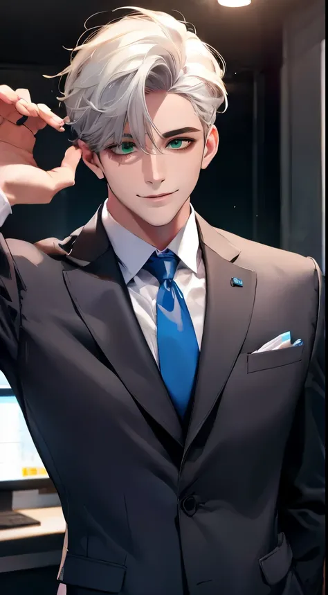 (Highest quality,4K,8K,High resolution,masterpiece:1.2),Super detailed,(Realistic,photoRealistic,photo-Realistic:1.37),1 personld,Mature Men,Beautiful skin、very handsome,Expressionless smile in love,Short white hair,green eyes,Sharp Eyes,A perfect face wit...