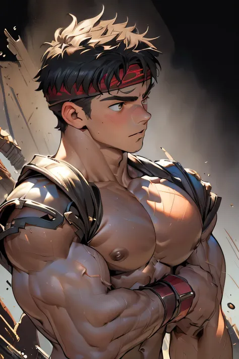 ((masterpiece, best quality)), (((((black background, deep night, upper body, side shot, looking away))))), (worm eyes, Young boy, muscler, topless), ((((1boy, solo, flesh, tough, reliable, developed body)))), (Dark Short straight hair, ((almost completely...