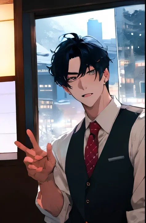 there is a man in white vest and tie standing in front of window with snowy night scenery. inspired by Hisui Sugiura, with very highly detailed face, it has a piercing gaze, handsome stunning realistic, anime handsome man, ultra realistic picture, inspired...