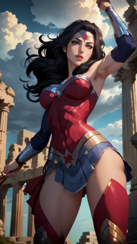 wonder woman da DC,(best qualityer,4K,8k,high resolution,work of art:1.2)(weather: cloudy), greek temple background, temple ruins, long curly hair, black hair, red top, blue micro shorts, red thigh high boots, diadem, long toga skirt, bracelets, flexing, u...