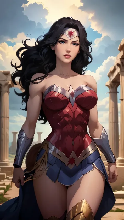 wonder woman da DC,(best qualityer,4K,8k,high resolution,work of art:1.2)(weather: cloudy), greek temple background, temple ruins, long curly hair, black hair, red top, blue micro shorts, red thigh high boots, diadem, long toga skirt, bracelets, flexing, u...