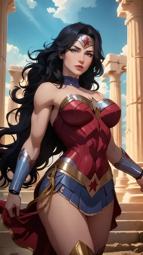 wonder woman da DC,(best qualityer,4K,8k,high resolution,work of art:1.2)(weather: cloudy), greek temple background, temple ruins, long curly hair, black hair, red top, blue micro shorts, red thigh high boots, diadem, long toga skirt, bracelets, flexing, u...