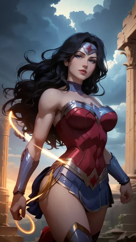 wonder woman da DC,(best qualityer,4K,8k,high resolution,work of art:1.2)(weather: cloudy), greek temple background, temple ruins, long curly hair, black hair, red top, blue micro shorts, red thigh high boots, diadem, long toga skirt, bracelets, combat sta...