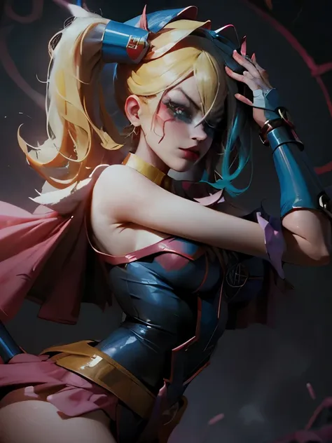 Dark magician Gils dressed as Harley Quinn. She has blonde and black hair. blue eyes. red lips. Dark magician girl is dressed as Harley Quinn. Sensual and innocent pose. Circus and magic background.