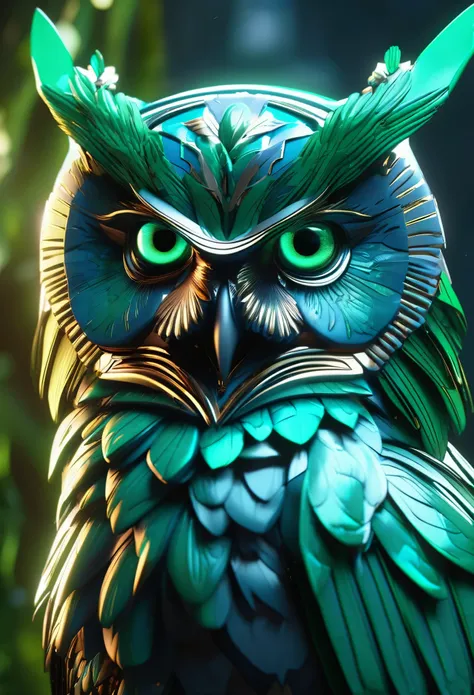 Illustration of an owl with emerald eyes, Unreal Engine Rendering + Beast God, Very detailed , B Global Illumination, Exquisite and gorgeous jewelry, Top Trends on cgisociety, Motion Graphics, rossdraws Global Illumination, CG Association