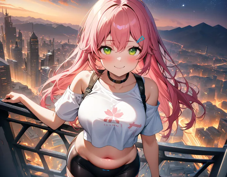 (8k、Best image quality、highest quality、masterpiece)、Detailed face、 1teen_girl、pink Hair、Long Hair、green_eyes、smile,(navel_peek)、(large_breasts),(White_short_T-shirt:1.5)、Off the shoulder、Black shoulder straps、(bike_shorts)、City Background, starry_sky_lands...