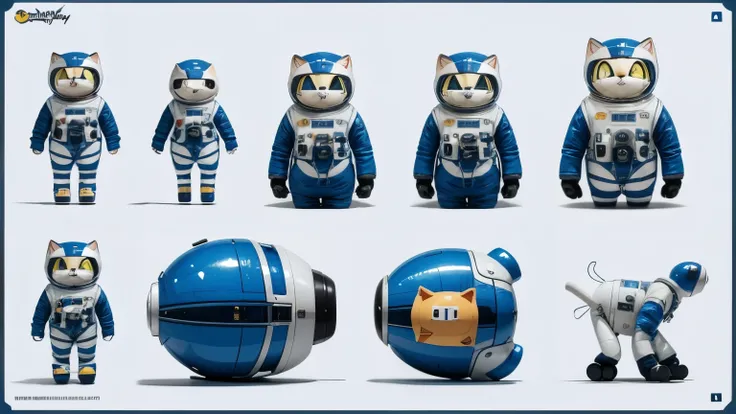 Astronaut cat, with auxiliary robot, cartoon style, Disney style, model sheet, ultra defined, Ultra Detailed, 32K