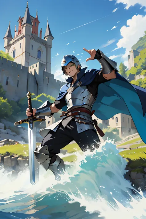 A young man with short black hair and green eyes, dressed in chainmail armor. With a flowing blue cape, a helmet in one hand and in the other a shield with the symbol of a sword piercing a scale. Anime Style happy face. Countryside scenery with castle in t...